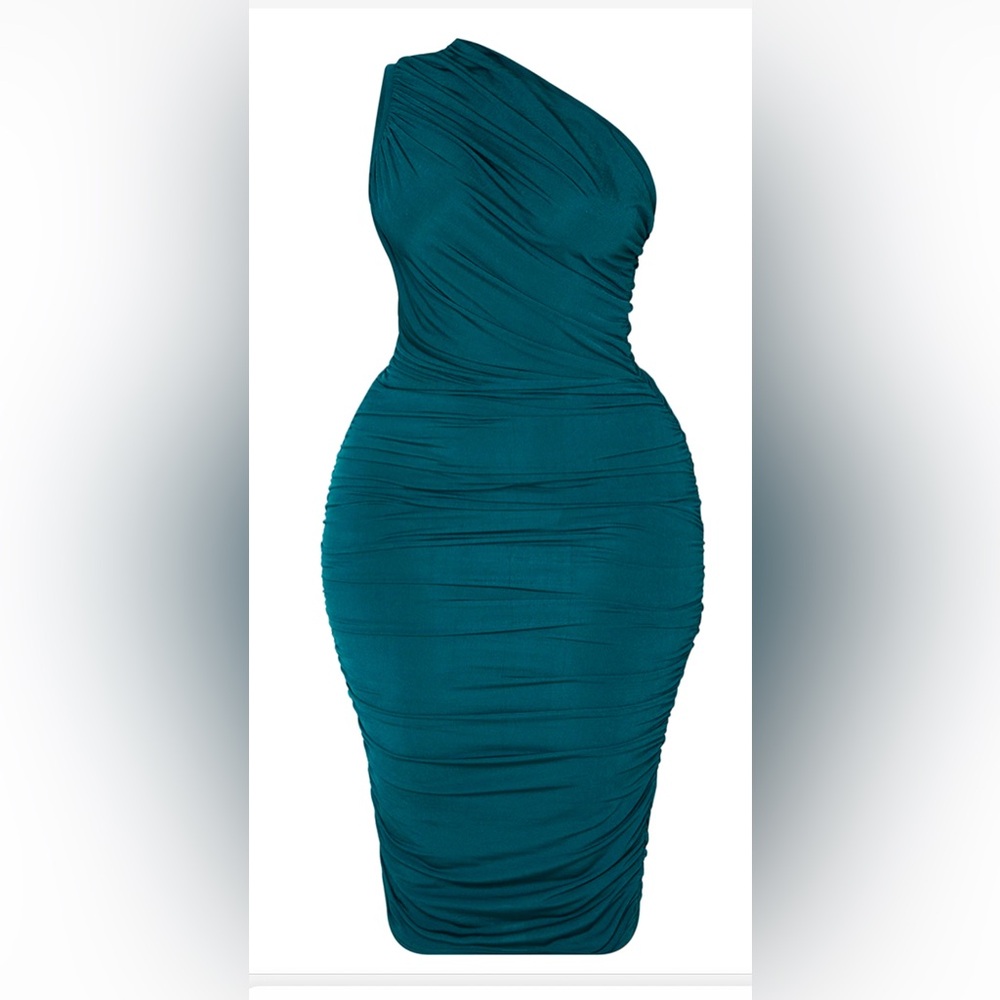 Pretty little thing Plus Emerald Green slinky ruched off shoulder long dress